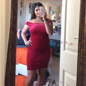 Red velvet off shoulder mini dress